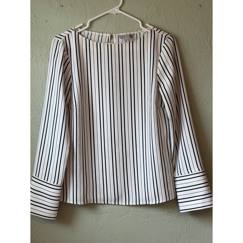H&M Black White Striped Long Sleeve Blouse‎ Boat Neck Keyhole Back Size 2